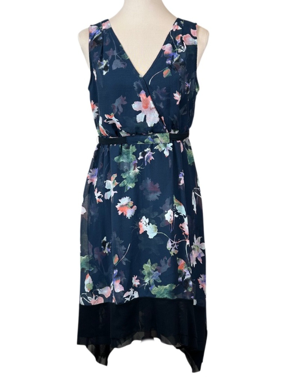 Simply Vera Vera Wang Navy Blue Floral Layered Chiffon Dress Size PM